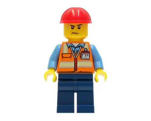 Construction Worker - Male, Orange Safety Vest with Reflective Stripes, Dark Blue Legs, Red Construction Helmet, Sweat Drops Image