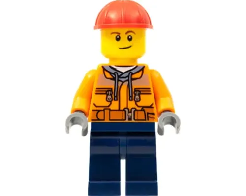 Construction Worker - Male, Orange Safety Jacket, Reflective Stripe, Sand Blue Hoodie, Dark Blue Legs, Red Construction Helmet, Lopsided Smile Image