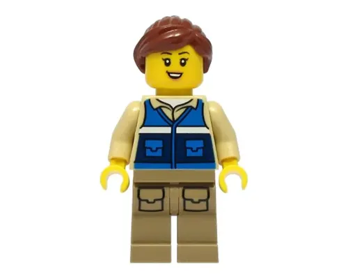 Wildlife Rescue Worker - Female, Blue Vest with 'RESCUE' Pattern on Back, Dark Tan Legs with Pockets, Reddish Brown Hair Image