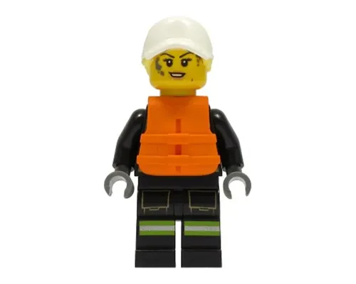 Fire - Female, Black Jacket and Legs with Reflective Stripes and Red Collar, White Cap with Bright Light Yellow Ponytail Hair, Orange Life Jacket, Dark Bluish Gray Splotches Image