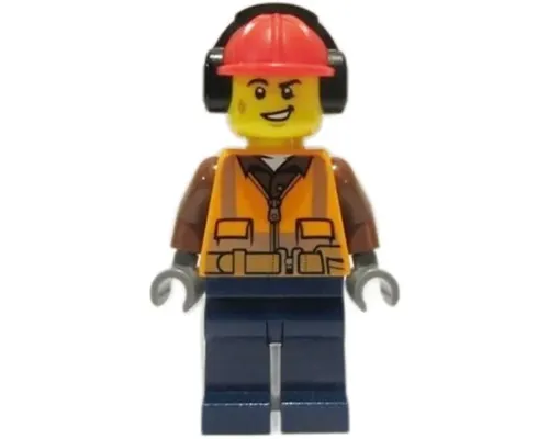 Construction Worker - Male, Orange Safety Vest, Reflective Stripes, Reddish Brown Shirt, Dark Blue Legs, Red Construction Helmet with Black Ear Protectors / Headphones, Lopsided Smile Image