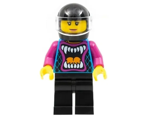 Ann McCloud - Stuntz Driver, Dark Azure Jacket with Animal Mouth and Magenta Arms, Black Legs, Black Helmet, Trans-Clear Visor Image