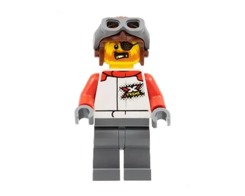 Stuntz Driver - Male, White Racing Jacket with Red Arms, Dark Bluish Gray Legs, Reddish Brown Aviator Cap, Eye Patch Image