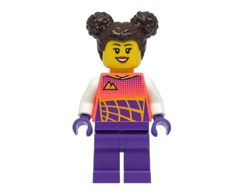 Stuntz Driver - Female, Coral Racing Shirt with White Arms, Dark Purple Legs, Dark Brown Hair with Buns Image