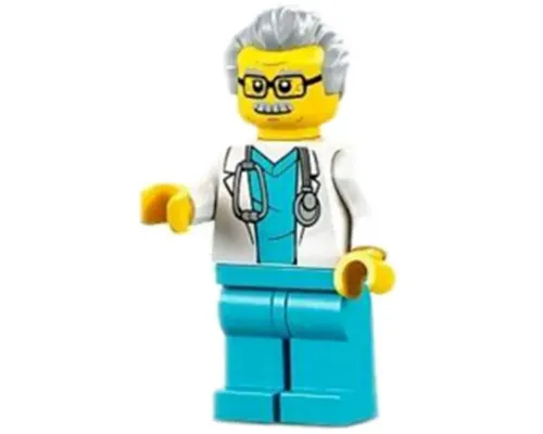 Doctor - Male, White Lab Coat with Stethoscope, Medium Azure Scrubs, Light Bluish Gray Hair, Glasses Image