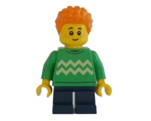 Child - Boy, Bright Green Sweater with Bright Light Yellow Zigzag Lines, Dark Blue Short Legs, Orange Short Coiled Hair, Freckles Image