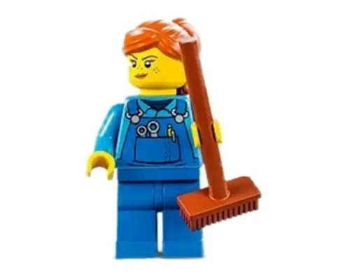 Janitor - Female, Blue Overalls over Medium Blue Shirt, Blue Legs, Dark Orange Hair, Back Print Image