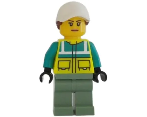 Ambulance Driver - Female, Dark Turquoise and Neon Yellow Safety Vest, Sand Green Legs, White Cap with Reddish Brown Ponytail Hair Image