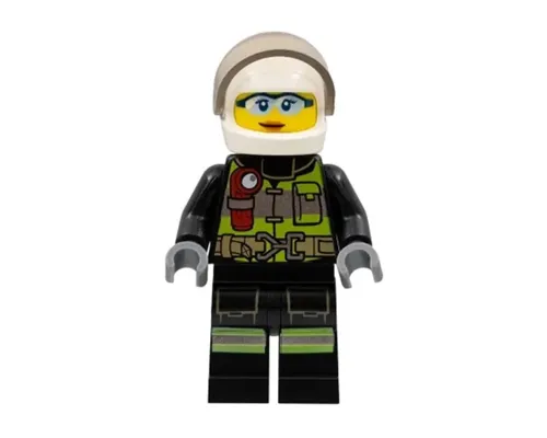 Fire - Reflective Stripes with Utility Belt and Flashlight, White Helmet, Trans-Brown Visor, Safety Glasses, Peach Lips Closed Mouth Smile Image