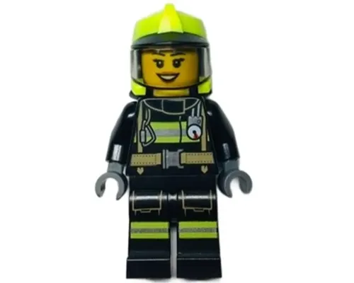 Fire - Female, Black Jacket and Legs with Reflective Stripes, Neon Yellow Fire Helmet, Trans-Brown Visor Image