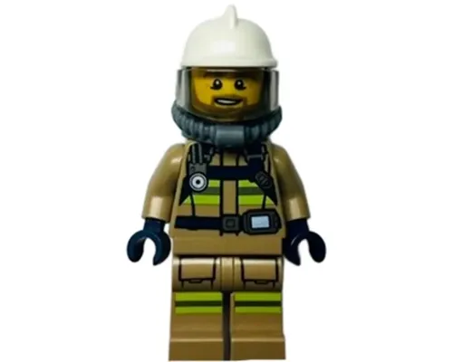 Fire - Reflective Stripes, Dark Tan Suit, White Fire Helmet, Open Mouth with Beard, Breathing Neck Gear with Blue Air Tanks Image