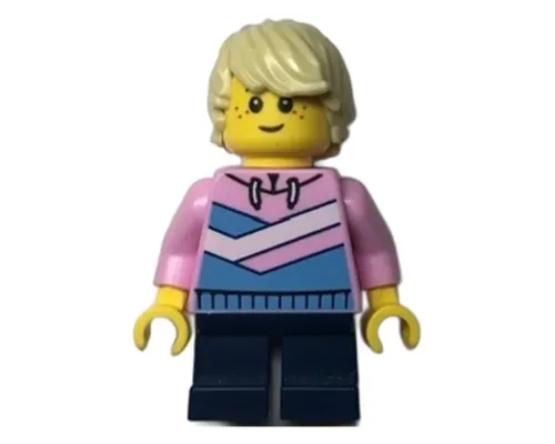 Child - Boy, Bright Pink Hoodie with Medium Blue and White Diagonal Stripes, Dark Blue Short Legs, Tan Tousled Hair, Freckles Image