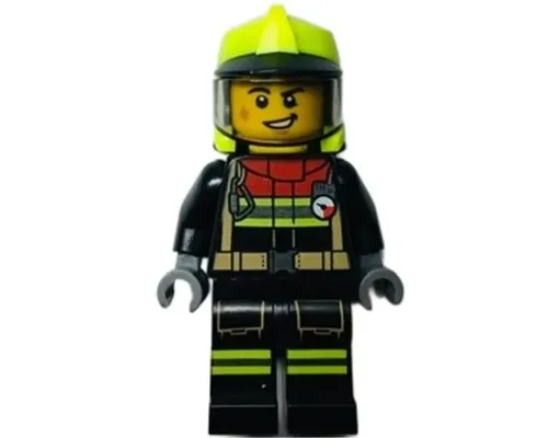 Fire - Male, Black Jacket and Legs with Reflective Stripes and Red Collar, Neon Yellow Fire Helmet, Trans-Brown Visor Image