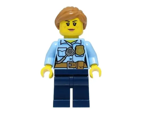 Police - City Officer Female, Bright Light Blue Shirt with Badge and Radio, Dark Blue Legs, Medium Nougat Hair Image