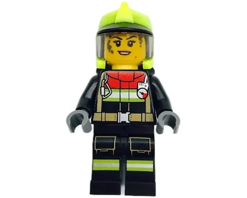 Fire - Female, Black Jacket and Legs with Reflective Stripes and Red Collar, Neon Yellow Fire Helmet, Trans-Brown Visor, Dark Bluish Gray Splotches Image