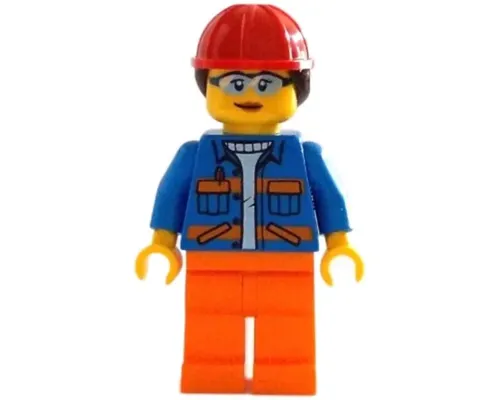 Construction Worker - Female, Blue Jacket with Diagonal Lower Pockets and Orange Stripes, Orange Legs, Red Construction Helmet with Dark Brown Ponytail Hair, Glasses Image