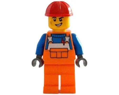 Construction Worker - Male, Orange Overalls with Reflective Stripe and Buckles over Blue Shirt, Orange Legs, Red Construction Helmet, Lopsided Smile Image