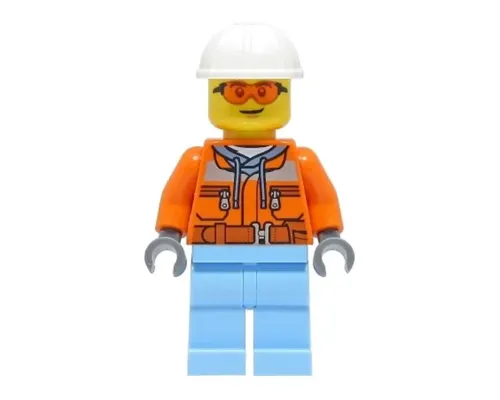 Construction Worker - Male, Orange Safety Jacket, Reflective Stripe, Sand Blue Hoodie, Bright Light Blue Legs, White Construction Helmet, Safety Glasses Image