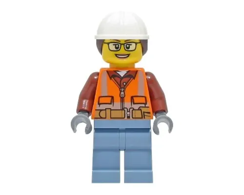 Construction Worker - Female, Orange Safety Vest, Reflective Stripes, Reddish Brown Shirt, Sand Blue Legs, White Construction Helmet with Dark Brown Ponytail Hair, Glasses Image