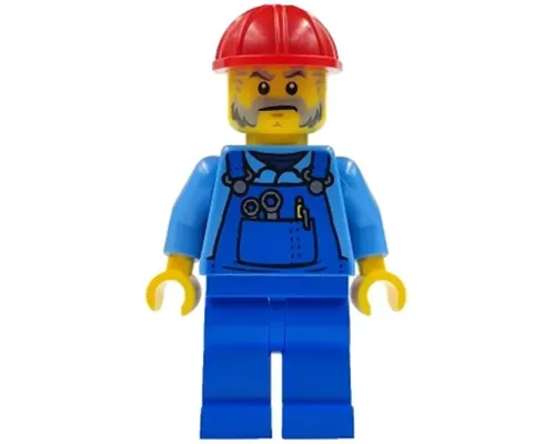 Mechanic - Male, Blue Overalls over Medium Blue Shirt, Blue Legs, Red Construction Helmet, Beard, Back Print Image