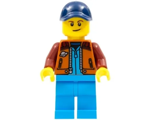 Lunar Research Astronaut - Male, Dark Orange Classic Space Jacket, Dark Azure Legs, Dark Blue Cap with Hole, Lopsided Smile (Rover Driver) Image