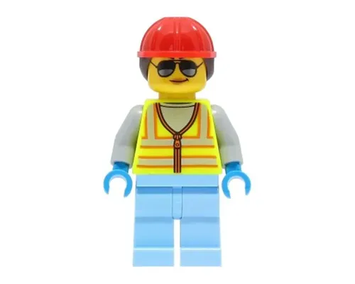 Space Engineer - Female, Neon Yellow Safety Vest, Bright Light Blue Legs, Red Construction Helmet with Dark Brown Ponytail Hair, Sunglasses Image