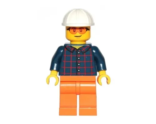 Construction Worker - Male, Dark Blue Plaid Button Shirt, Orange Legs, White Construction Helmet, Safety Glasses Image