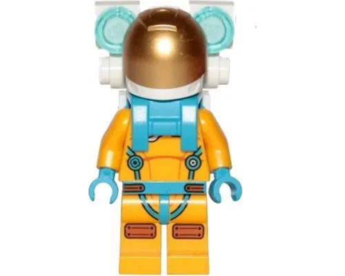 Lunar Research Astronaut - Female, Bright Light Orange and Dark Azure Suit, White Helmet, Metallic Gold Visor, Backpack Lights Image