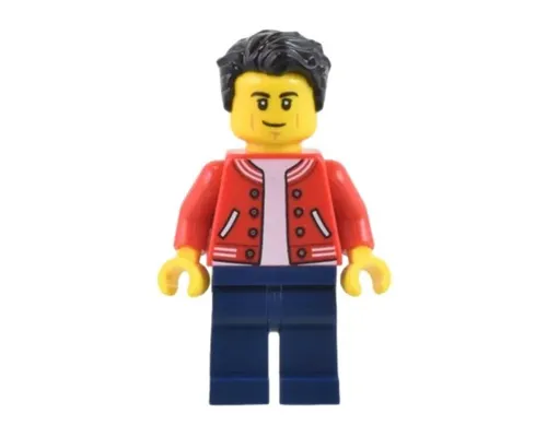 Man - Red Jacket, Dark Blue Legs, Black Hair, Smirk and Cheek Lines Image