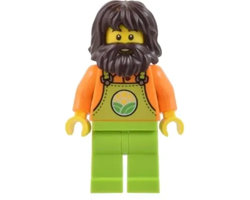 Farmer - Male, Lime Overalls over Orange Shirt, Lime Legs, Dark Brown Shaggy Hair and Beard Image