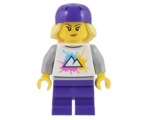 Electric Scooter Rider - Female, White Shirt with Mountains Logo, Dark Purple Medium Legs, Dark Purple Bicycle Helmet with Bright Light Yellow Hair, Freckles Image