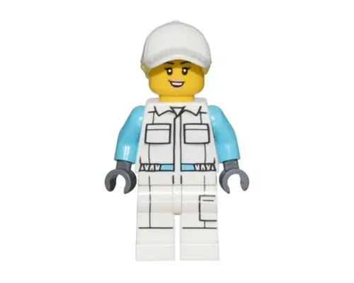 Electric Scooter Attendant - Female, White Jumpsuit with Pockets, White Legs with Pocket, White Cap with Bright Light Yellow Ponytail Hair Image