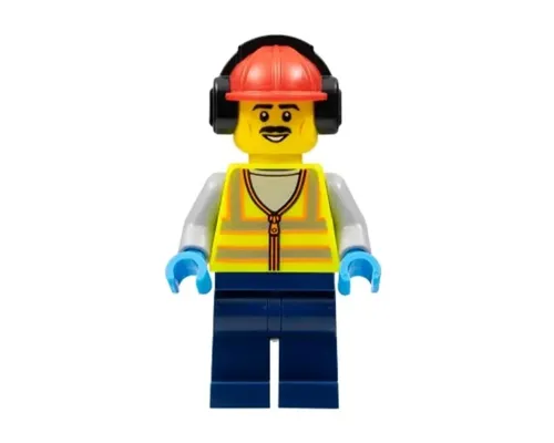 Stuntz Crew - Male, Neon Yellow Safety Vest, Dark Blue Legs, Red Construction Helmet with Black Ear Protectors / Headphones Image