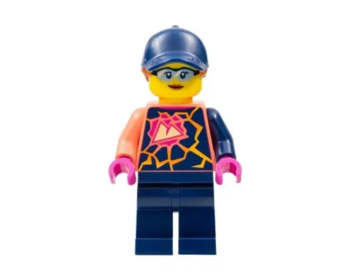 Stuntz Crew - Female, Coral Shirt with Sports Logo, Dark Blue Legs, Dark Blue Cap with Dark Orange Ponytail, Glasses Image