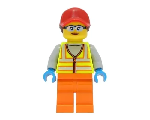 Reach Stacker Driver - Female, Neon Yellow Safety Vest, Orange Legs, Red Cap with Reddish Brown Ponytail Image