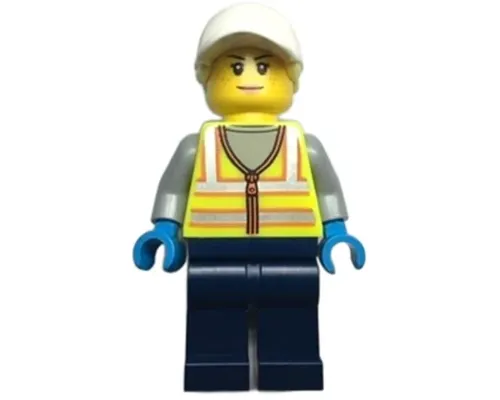 Forklift Driver - Female, Neon Yellow Safety Vest, Dark Blue Legs, White Cap with Bright Light Yellow Ponytail Hair Image