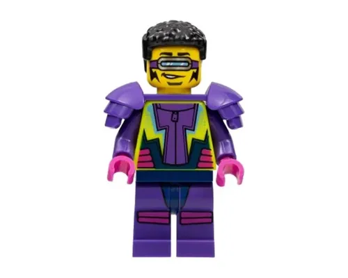 Stuntz Driver - Male, Dark Purple and Neon Yellow Jumpsuit, Dark Purple Shoulder Pads, Black Coiled Hair Image