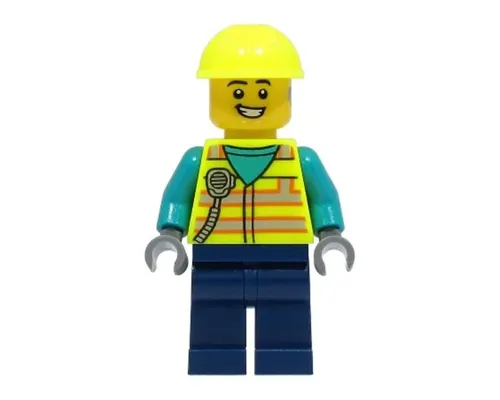 Utility Truck Driver - Male, Neon Yellow Safety Vest with Radio, Dark Blue Legs, Neon Yellow Construction Helmet, Hearing Aid Image