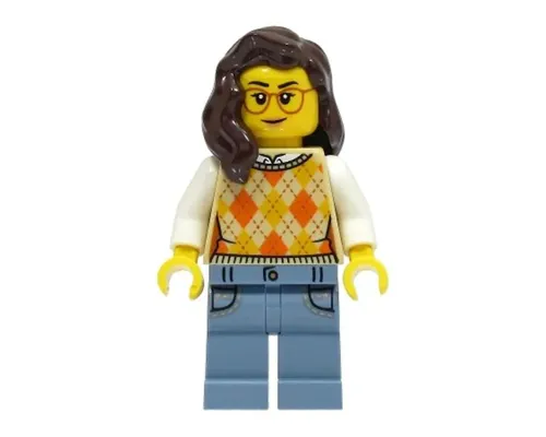 Passenger - Female, Tan Knit Argyle Sweater Vest, Sand Blue Legs with Pockets, Dark Brown Hair, Glasses Image