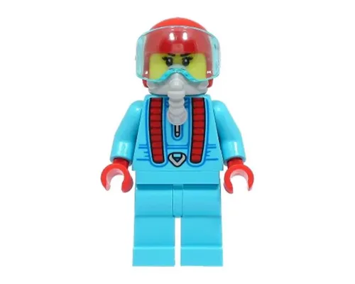 Stuntz Driver - Female, Medium Azure Jumpsuit and Legs, Red Helmet, Trans-Light Blue Visor, Light Bluish Gray Oxygen Mask Image