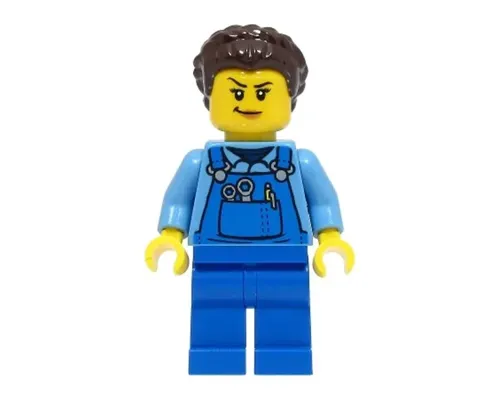 Stuntz Crew - Female, Blue Overalls over Medium Blue Shirt, Blue Legs, Dark Brown Hair, Back Print Image