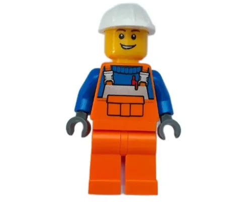 Construction Worker - Male, Orange Overalls with Reflective Stripe and Buckles over Blue Shirt, Orange Legs, White Construction Helmet, Open Lopsided Grin Image