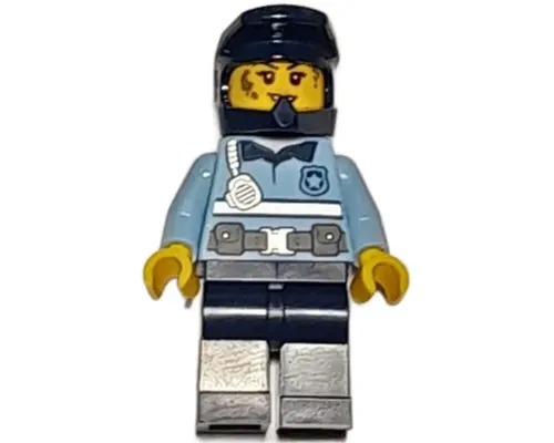 Police - City Officer Female Bright Light Blue Shirt with Silver Stripe, Badge, and Radio, Dark Blue Legs, Dark Blue Dirt Bike Helmet, Splotches Image