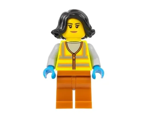 Recycling Worker - Female, Neon Yellow Safety Vest, Dark Orange Legs, Black Hair Image