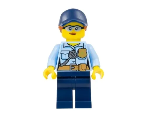 Police - City Officer Female, Bright Light Blue Shirt with Badge and Radio, Dark Blue Legs, Dark Blue Cap with Dark Orange Ponytail, Safety Glasses Image