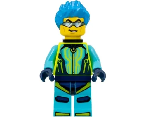 Stuntz Driver - Male, Medium Azure and Neon Yellow Jumpsuit, Dark Azure Spiked Hair, Black Neck Bracket Image