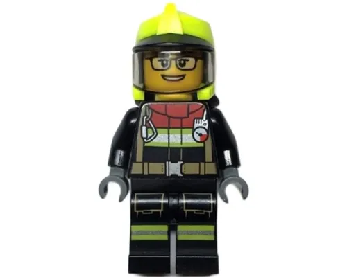 Fire - Female, Black Jacket and Legs with Reflective Stripes and Red Collar, Neon Yellow Fire Helmet, Trans-Brown Visor, Black Glasses Image