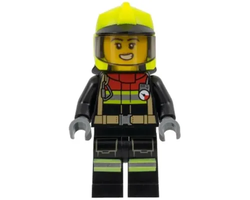 Fire - Female, Black Jacket and Legs with Reflective Stripes and Red Collar, Neon Yellow Fire Helmet, Trans-Brown Visor, Scared Open Mouth with Teeth Image