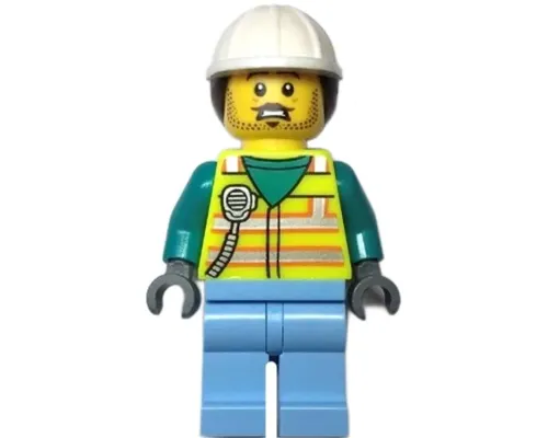 Utility Worker - Male, Neon Yellow Safety Vest with Radio, Bright Light Blue Legs, White Construction Helmet with Dark Brown Ponytail Hair, Moustache, Stubble Image