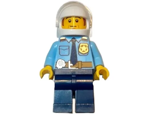 Police - City Shirt with Dark Blue Tie and Gold Badge, Dark Tan Belt with Radio, Dark Blue Legs, White Helmet, Sideburns Image